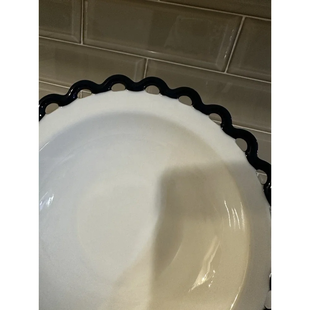 Anthropologie sasha White bowl With Navy Blue scalloped‎ fringe Edges